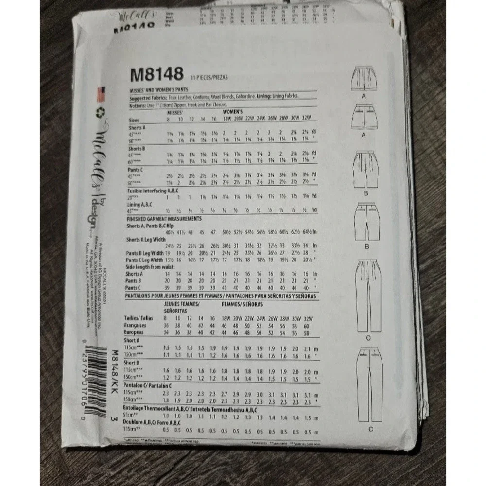 McCalls M8148 Sewing Pattern Womens + Size Pants Shorts Pleated High Waist 26-32